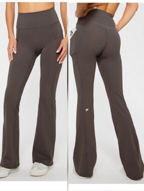 Fabletics Oasis PureLuxe High Waisted Kick Flare Pocketed Leggings Taupe Slate